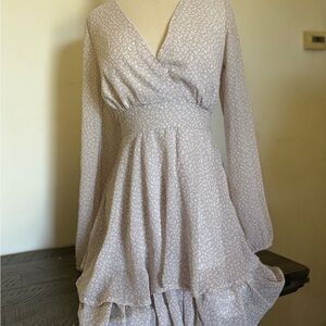 Zara Light Taupe Printed Wrap-Style Long Sleeve Mini Dress